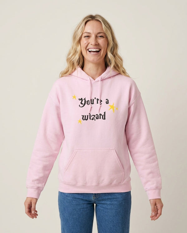 You're A Wizard Hoodie — Pink Front, worn