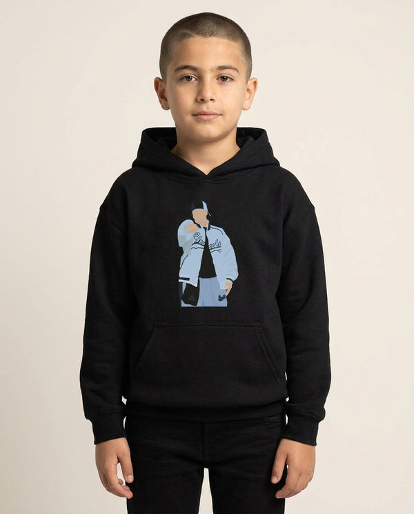 Tracksuit Kids Hoodie — Black Front, worn