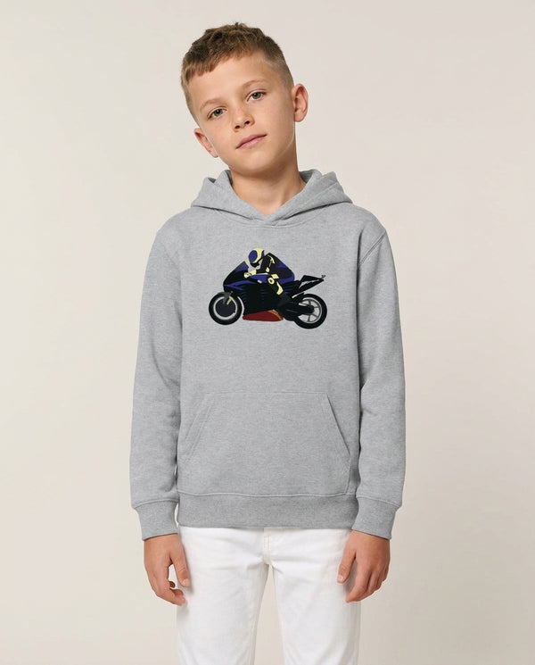 Purple Motorbike - Motorbike Kids Hoodie — Grey Front, worn