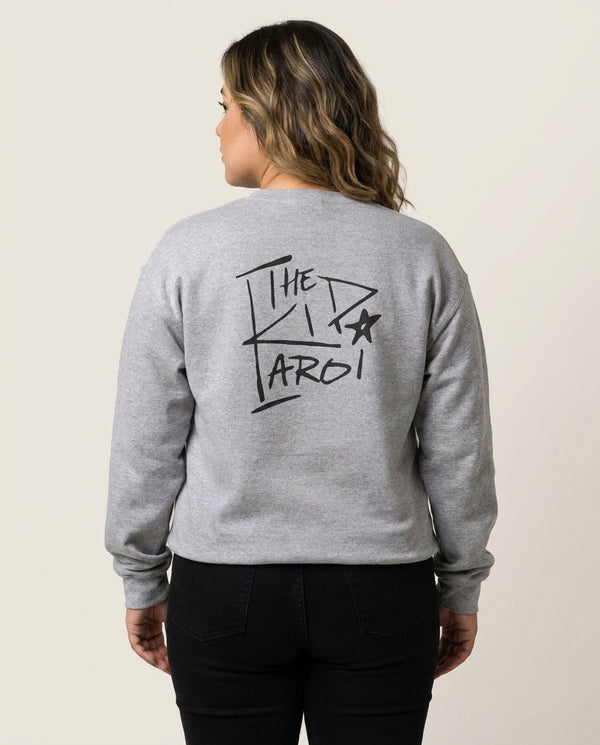 The Kid Sweatshirt — Grey Back, worn