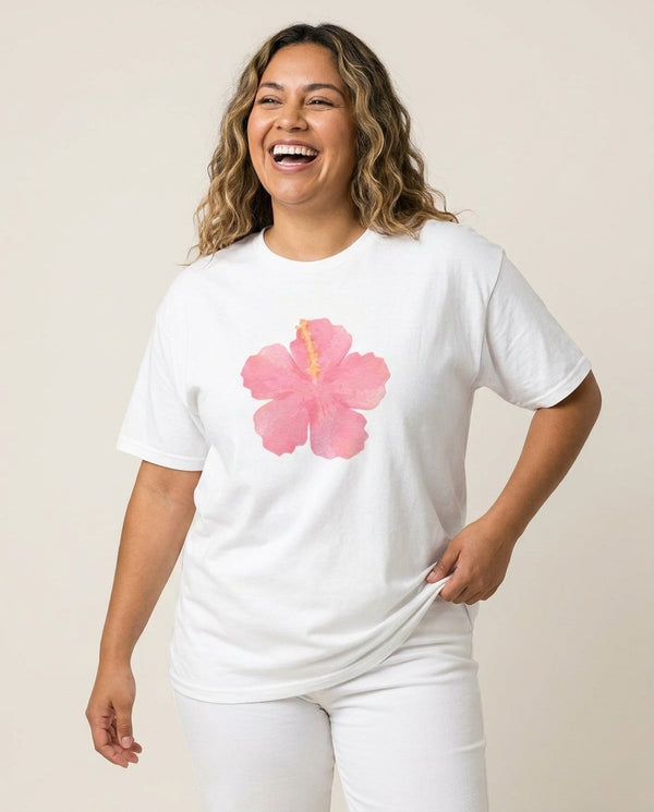 Pink Hibiscus T-Shirt — White Front, worn
