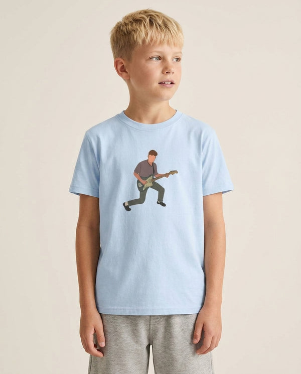 Faceless Fender Kids T-Shirt — Blue Front, worn