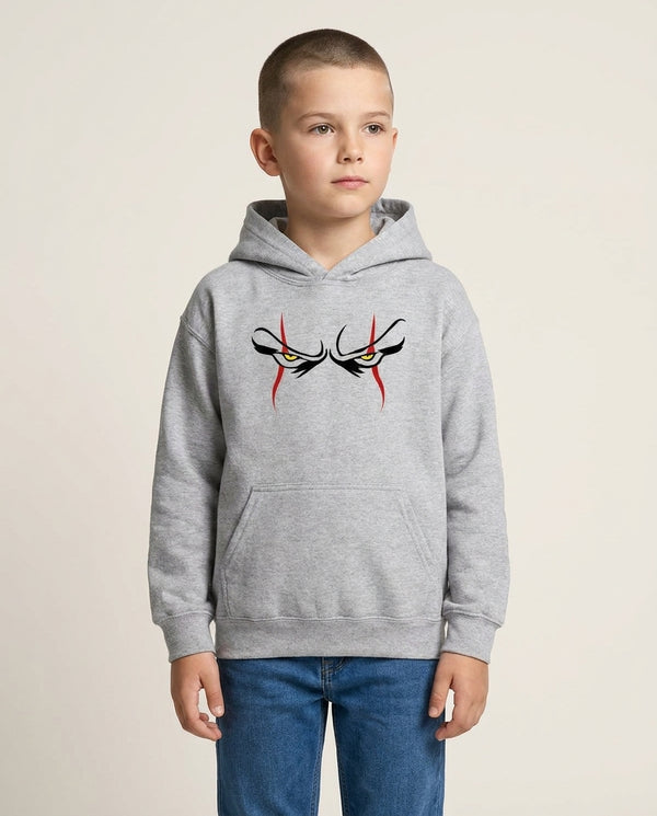 Clown Eyes Kids Hoodie — Grey Front, worn