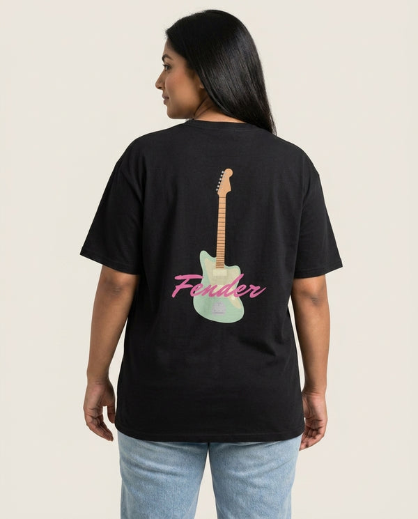 Blue Guitar Fender T-Shirt — Black Back, worn