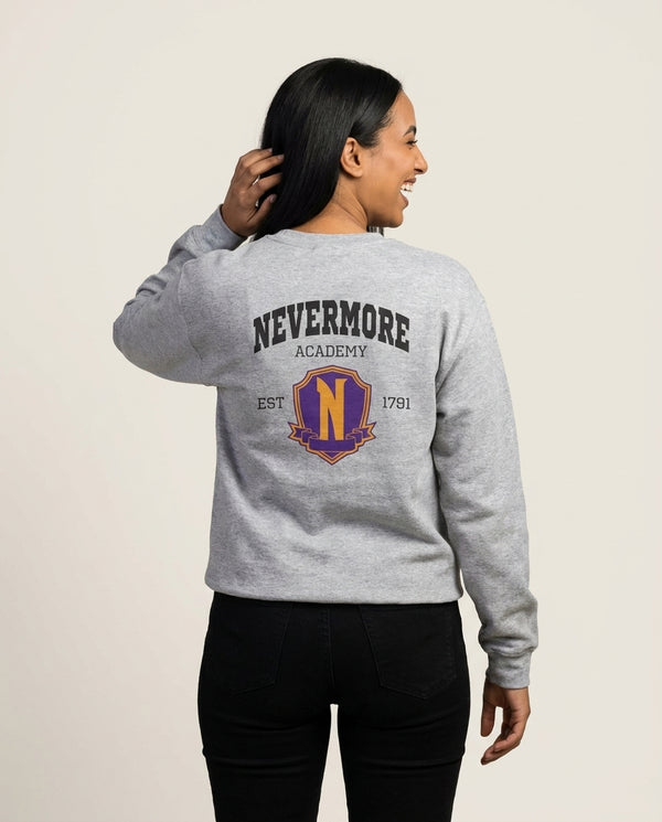 Addams Academy Purple Sweatshirt — Grey Back, worn
