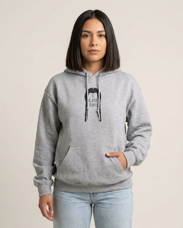 I Hate People Hoodie — Grey Front, worn