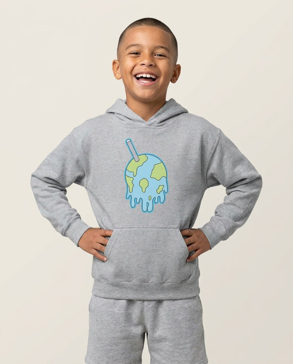 Straw - Juice Kids Hoodie — Grey Front, worn