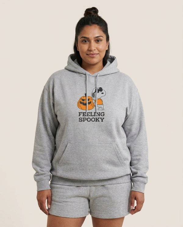 Feeling Spooky Cartoon Beagle Hoodie — Grey Front, worn