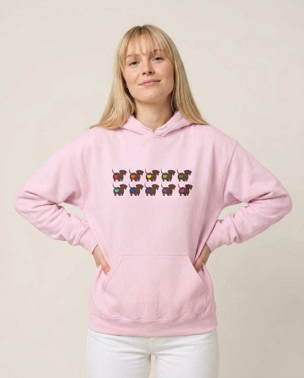 Love hearts - Dachshunds Hoodie — Pink Front, worn