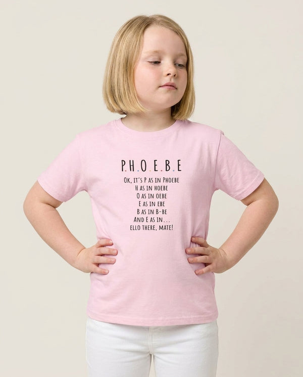 Spelling Phoebe Kids T-Shirt — Pink Front, worn