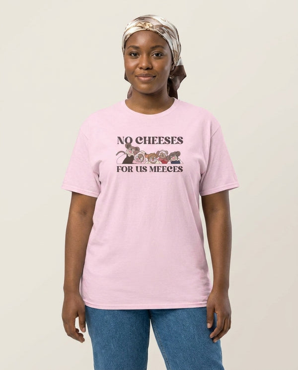 No Cheeses For Us Meeces II T-Shirt — Pink Front, worn