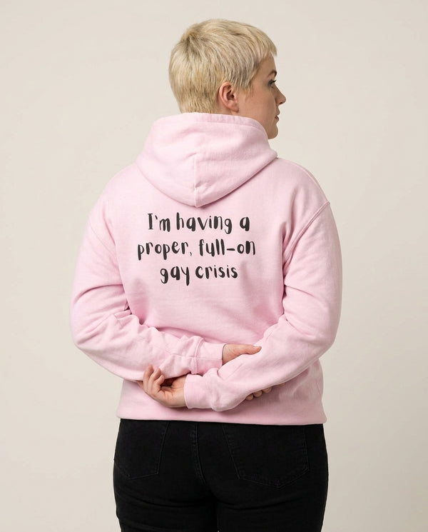 Gay Crisis - Heart TV Hoodie — Pink Back, worn