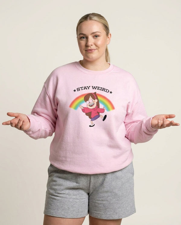 Stay Weird Sweatshirt — Pink Front, worn