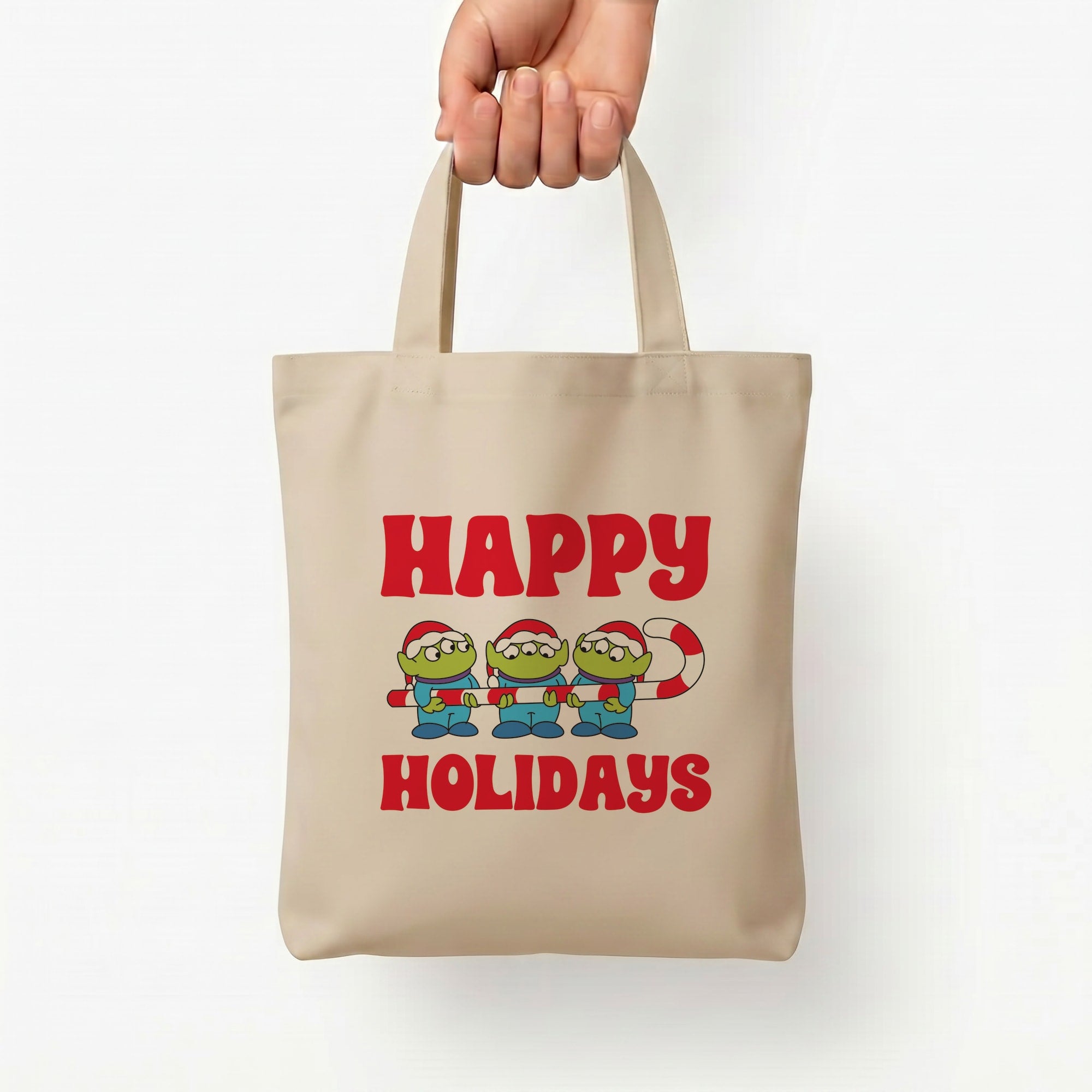 Happy Holidays Cute Green Aliens Tote Bag — Natural / Small