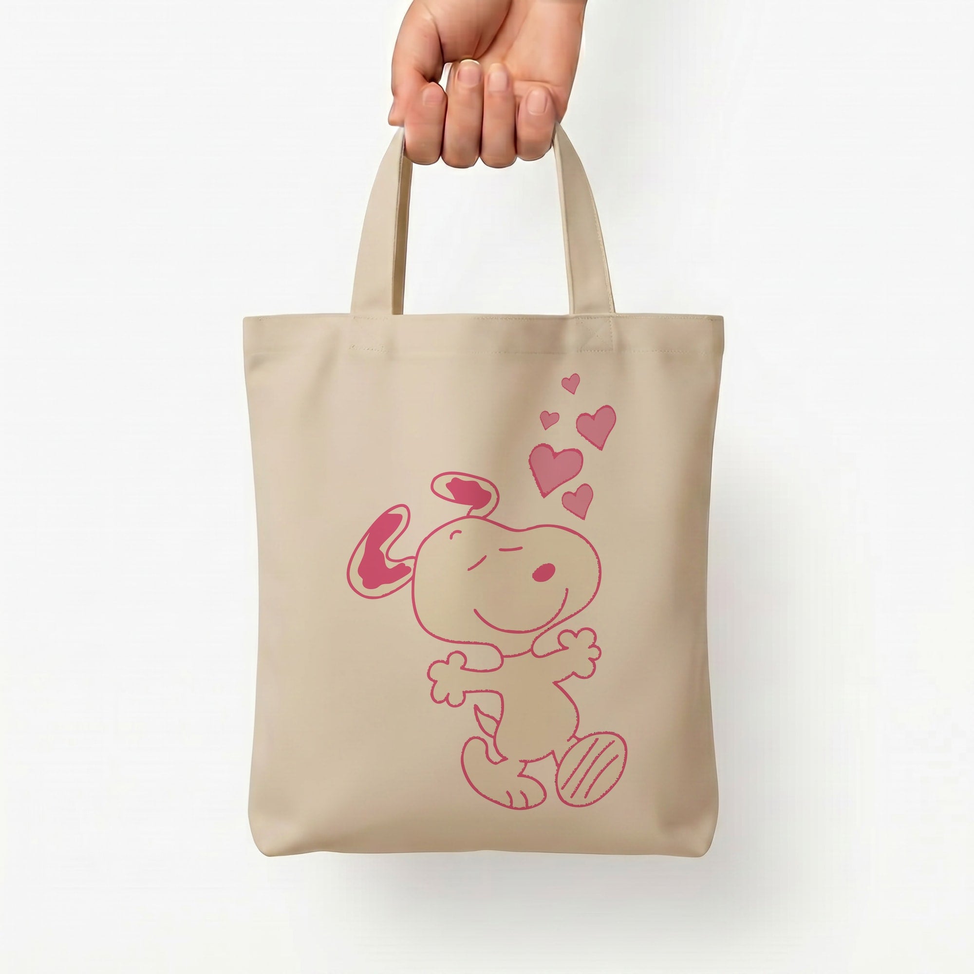 Cartoon Beagle Valentine Hearts Pattern Tote Bag — Natural / Small