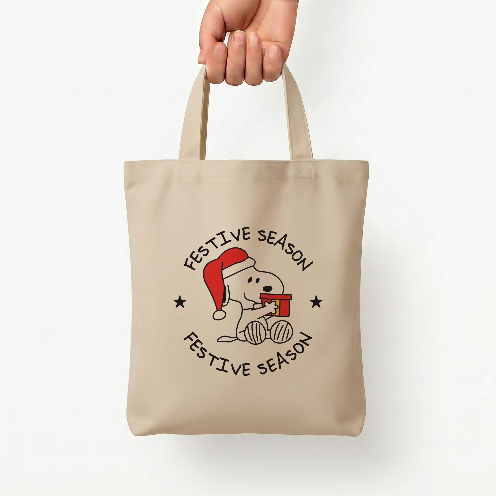 Cartoon Beagle Festive Season Tote Bag — Natural / Small