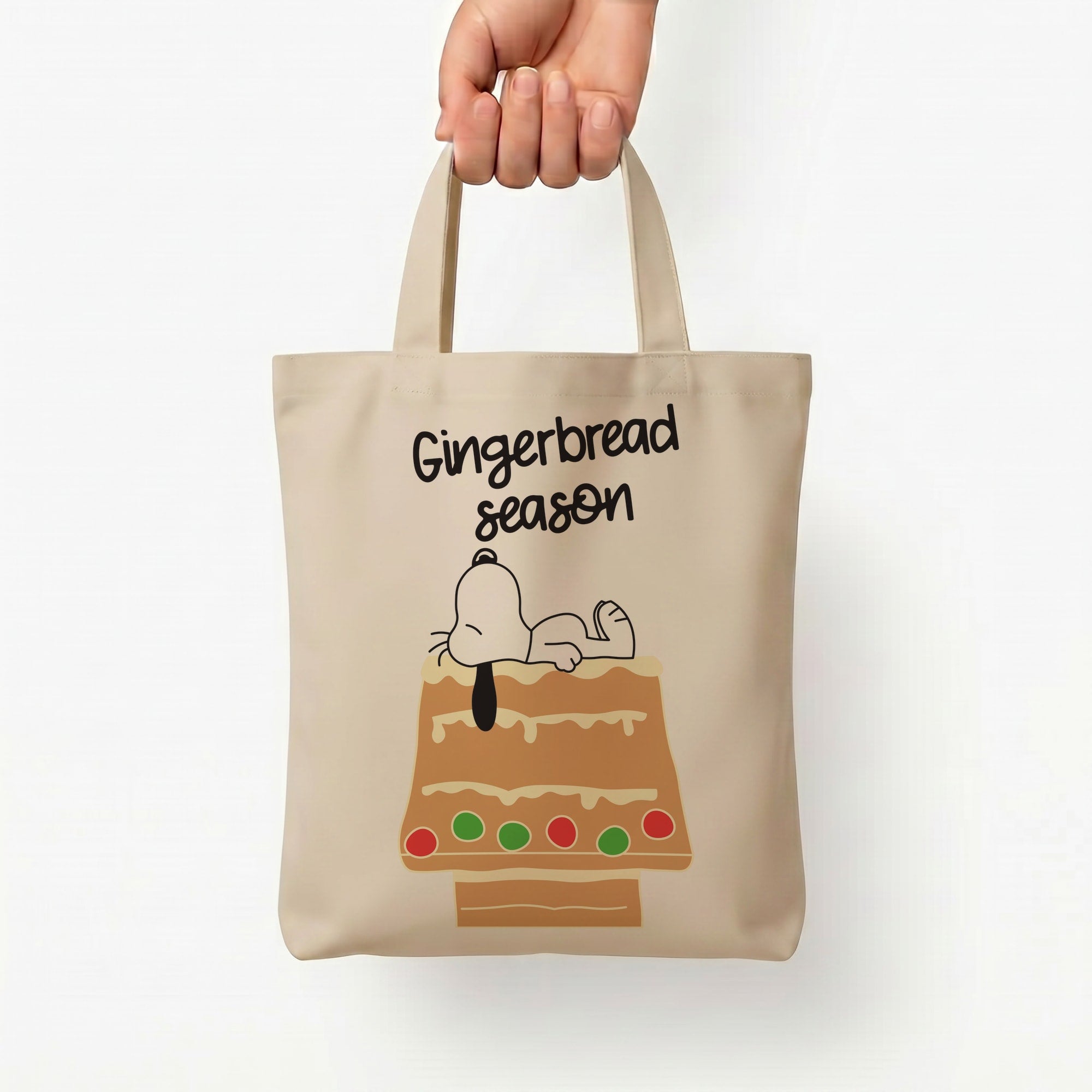 Cartoon Beagle Gingerbread House Tote Bag — Natural / Small