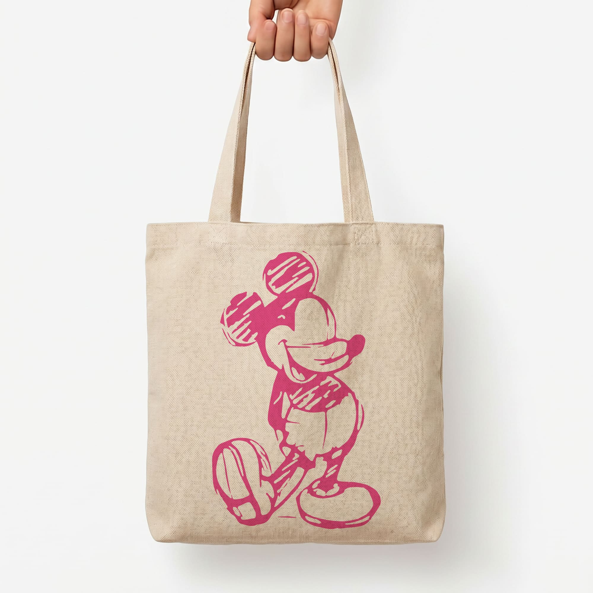 Sketched Mouse Outline Pink Tote Bag — Natural / Large