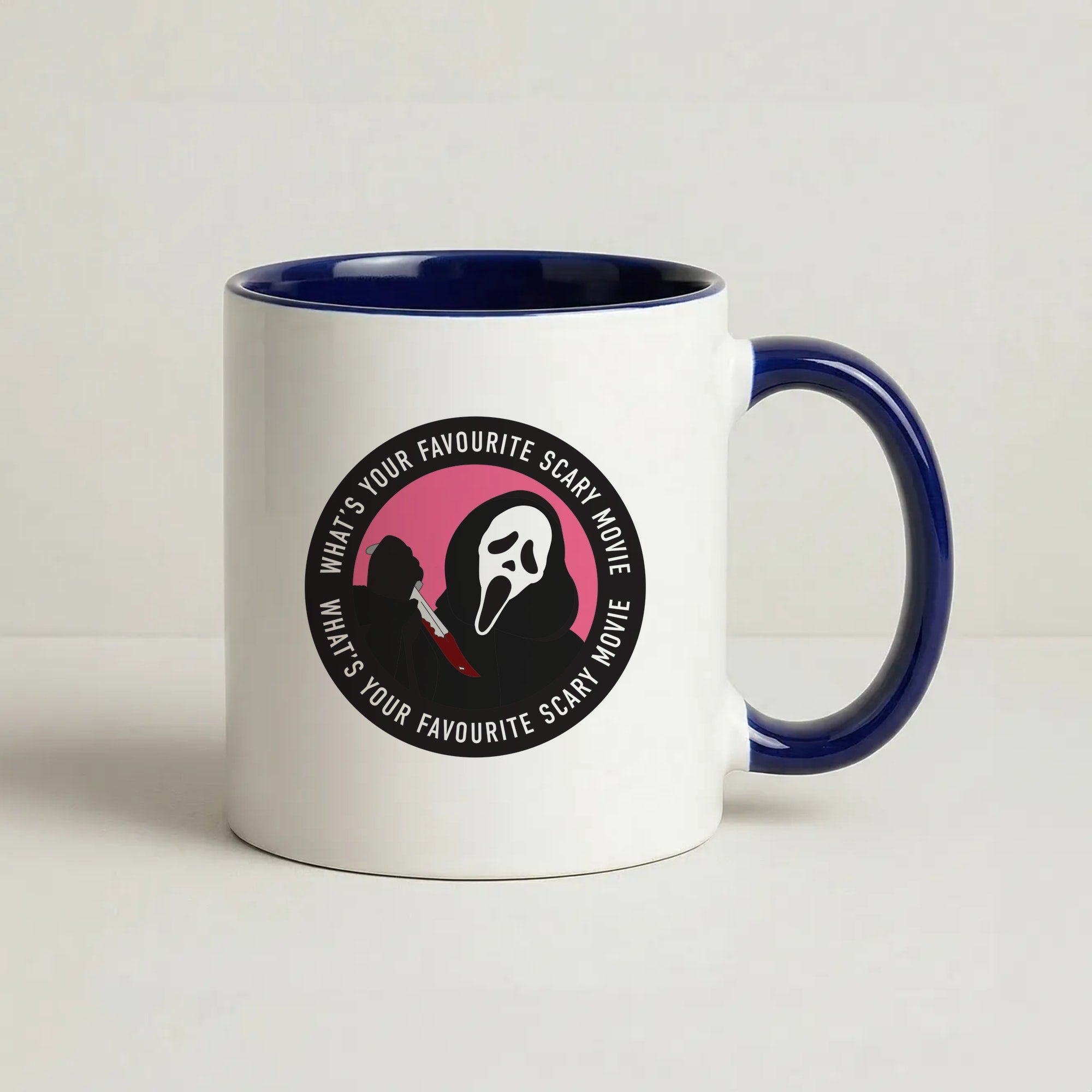 What's Your Favourite Scary Movie Badge Coffee Navy Blue Mug