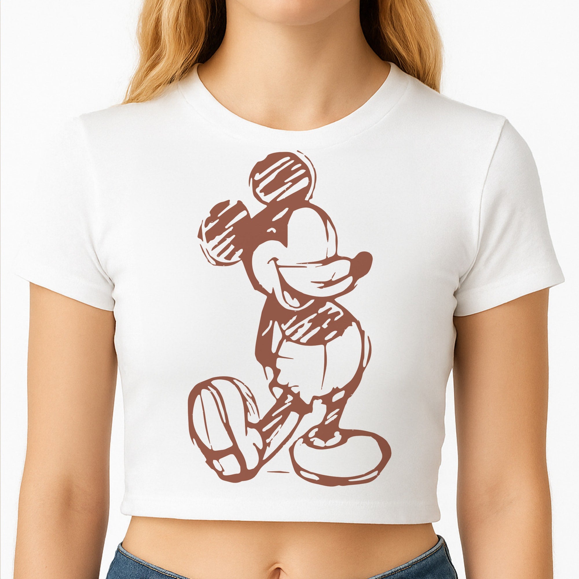 Sketched Mouse Outline Beige Crop Top