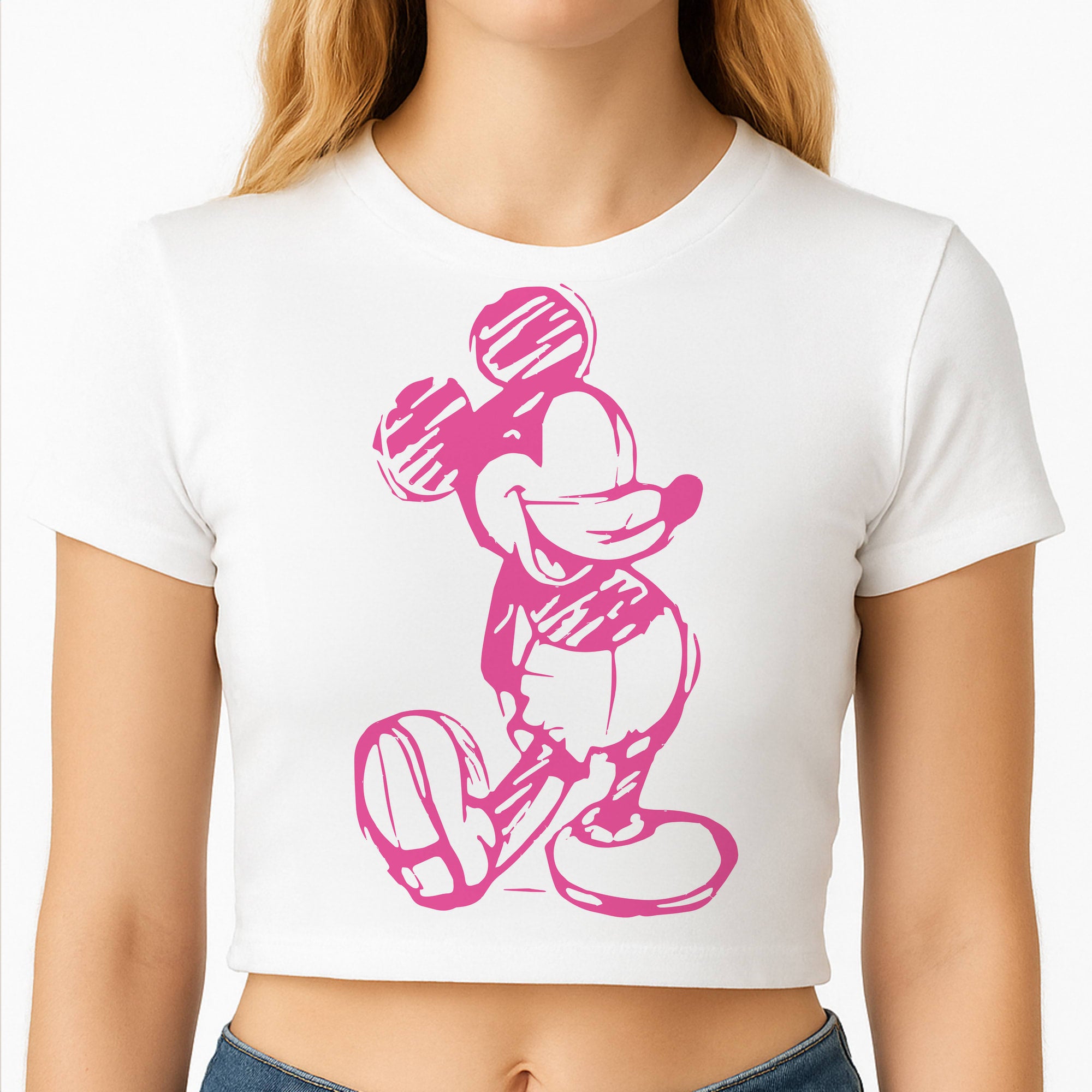 Sketched Mouse Outline Pink Crop Top
