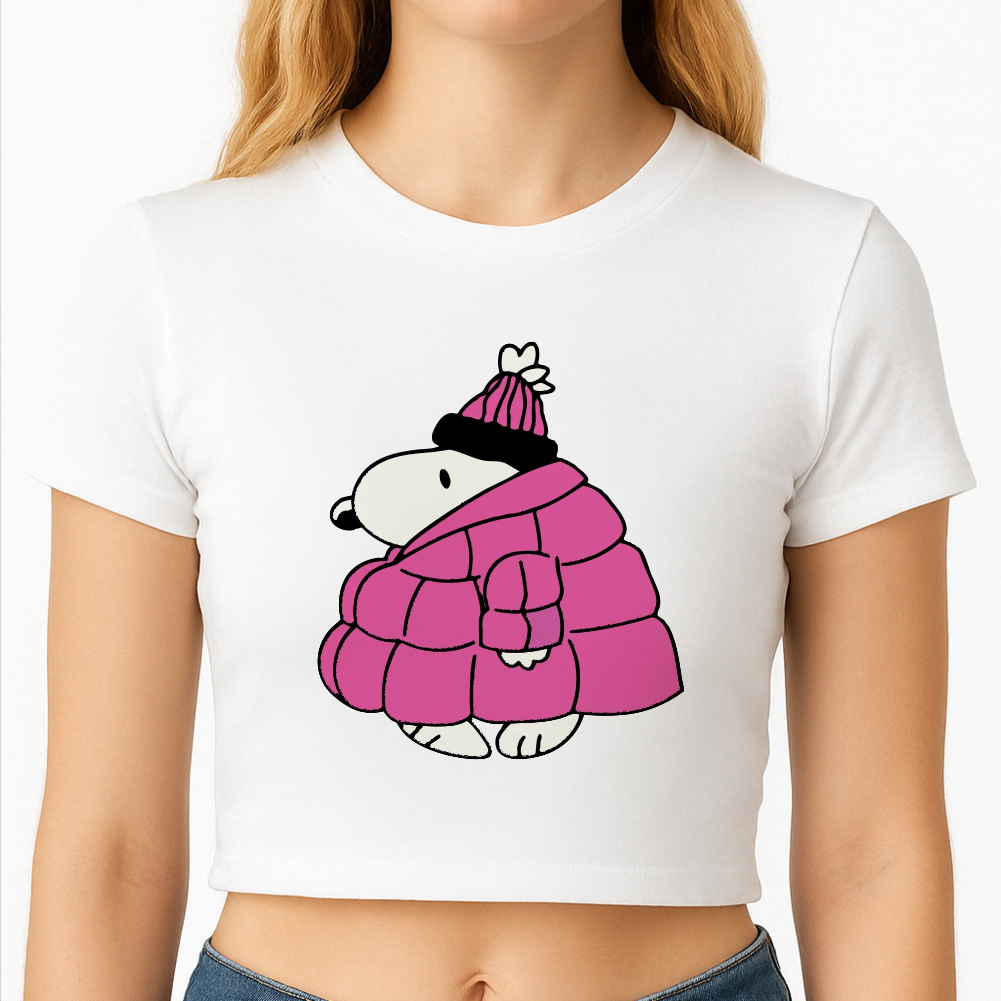 Cartoon Beagle Puffer Jacket Pink Crop Top