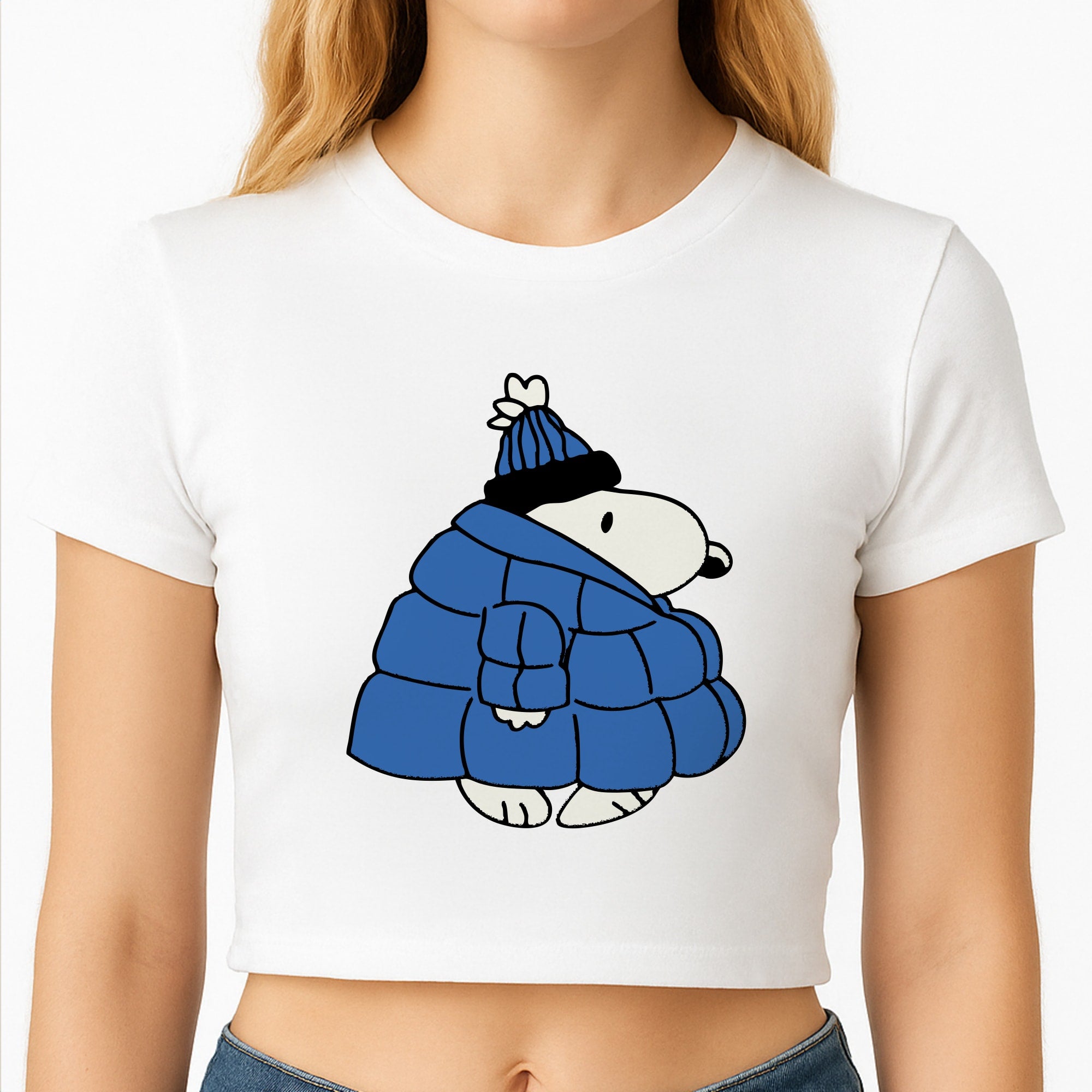 Cartoon Beagle Puffer Jacket Blue Crop Top