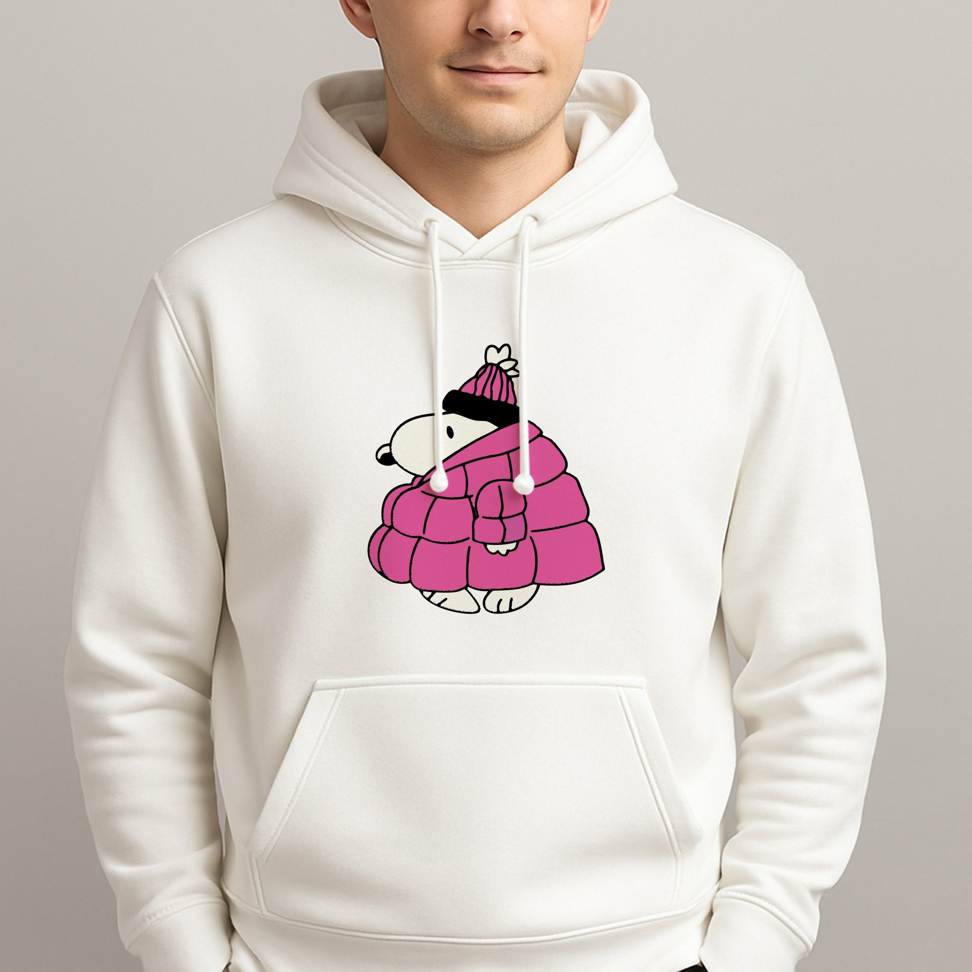 Cartoon Beagle Puffer Jacket Pink Unisex Hooded Pullover