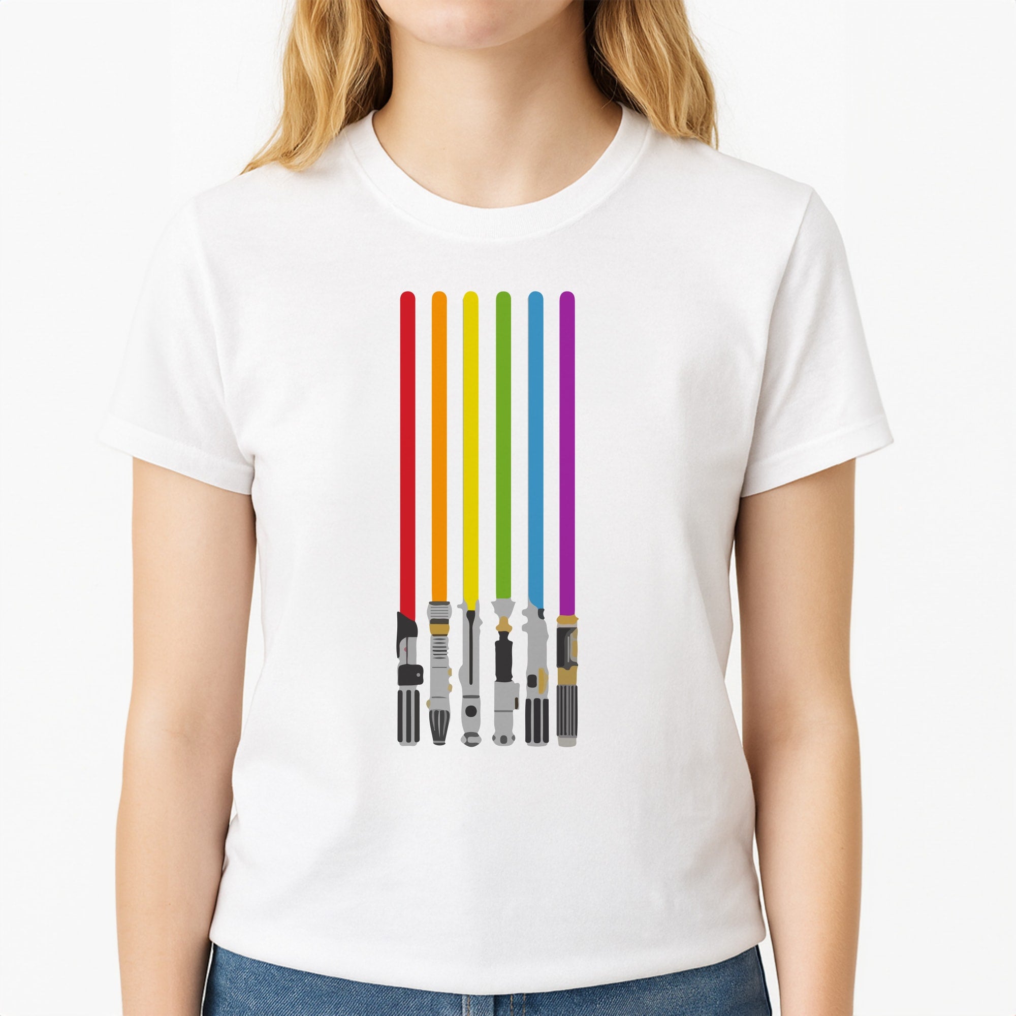 Lightsabers Unisex T-Shirt, worn by a female model