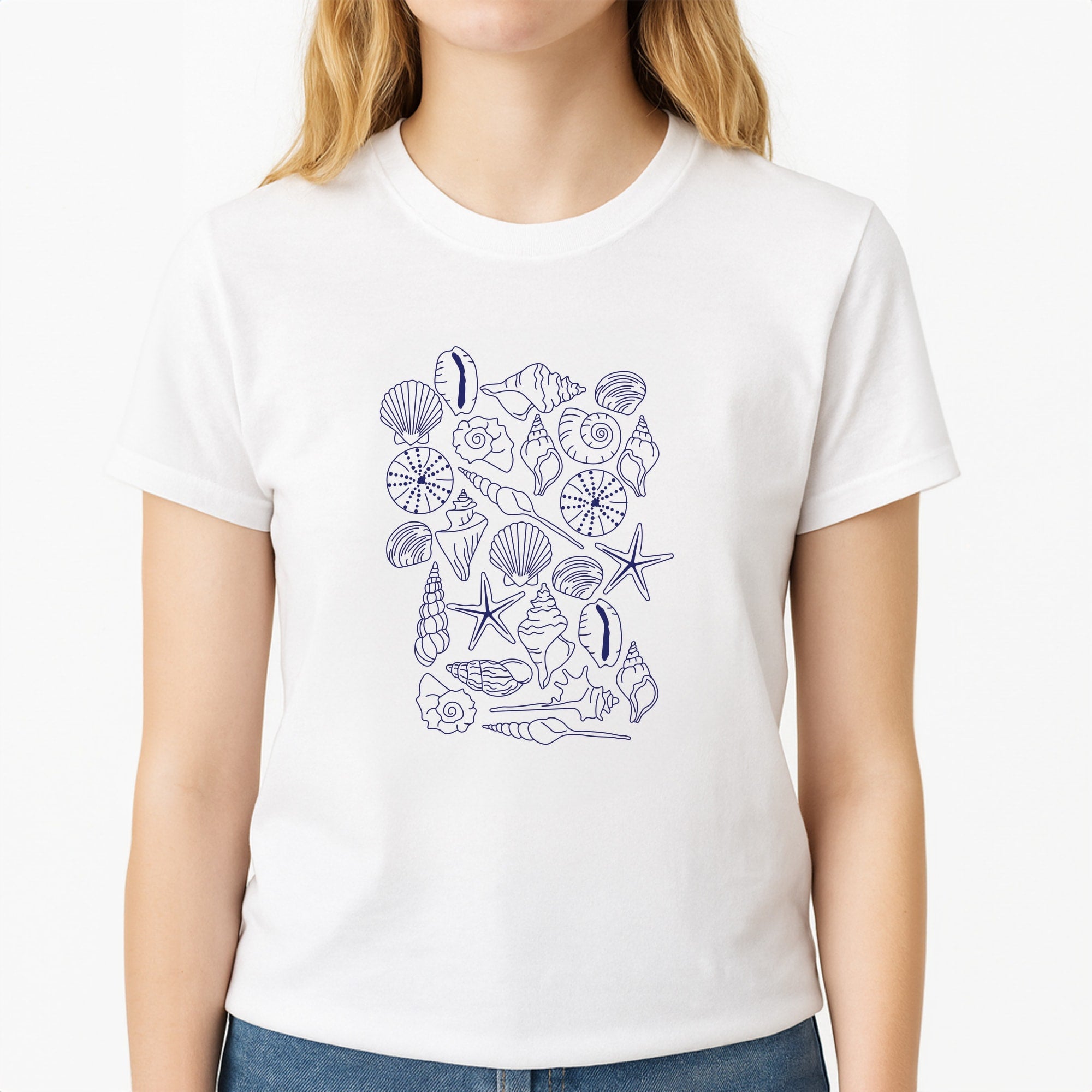 Sea Shells - Clean Girl Aesthetic Unisex T-Shirt, worn by a female model