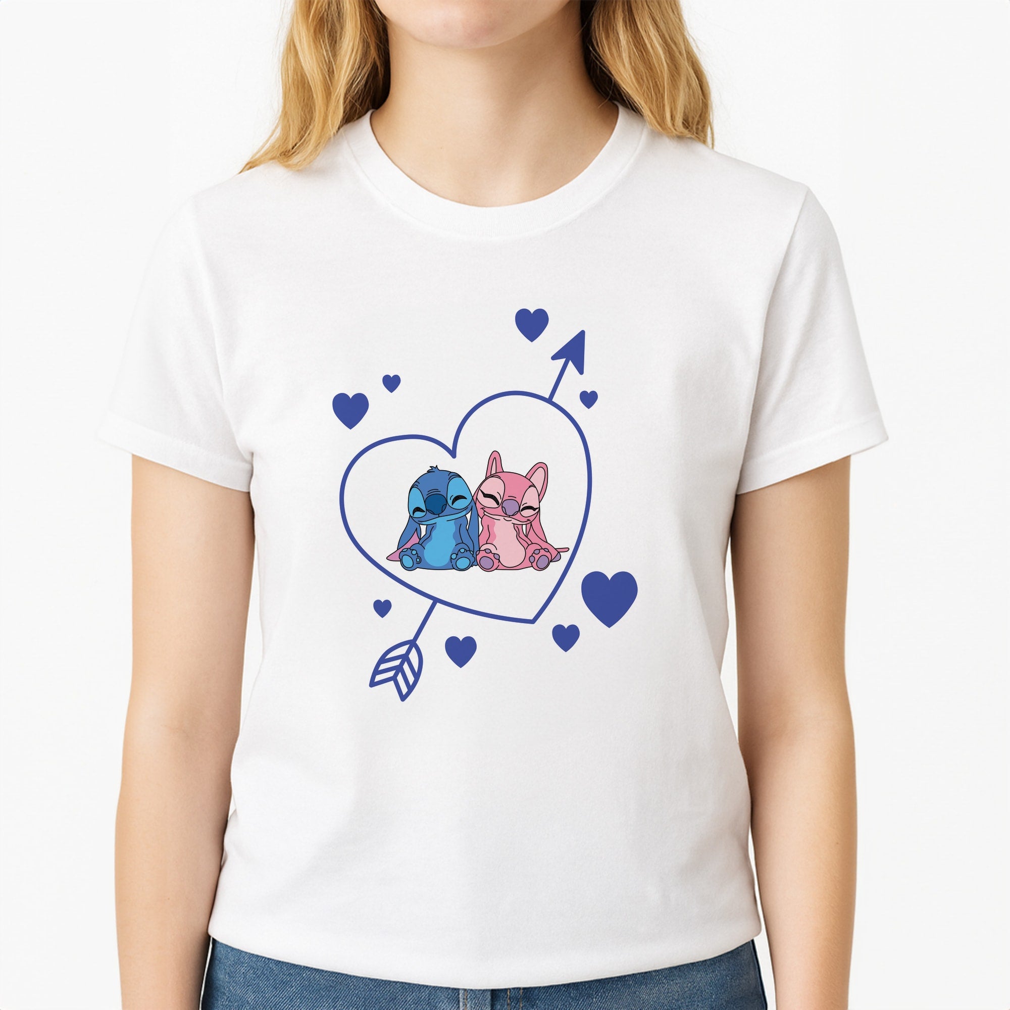 Arrow Heart - Pink Alien Unisex T-Shirt, worn by a female model