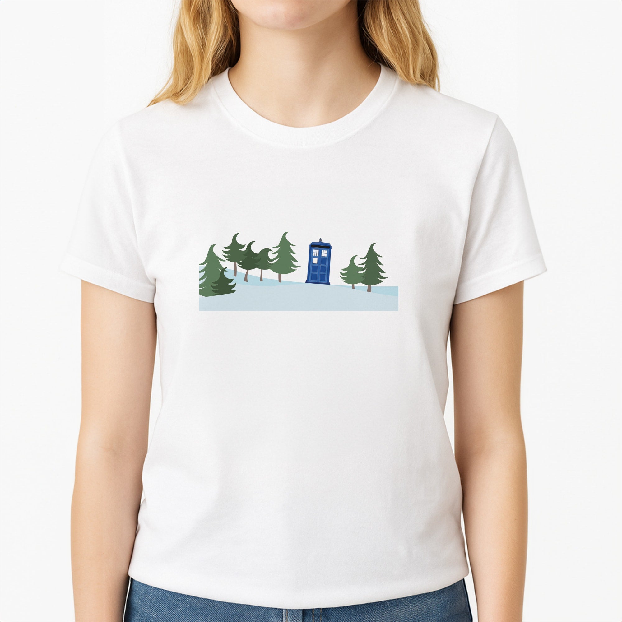 Christmas Tardis - Doctor Who Unisex T-Shirt, worn by a female model