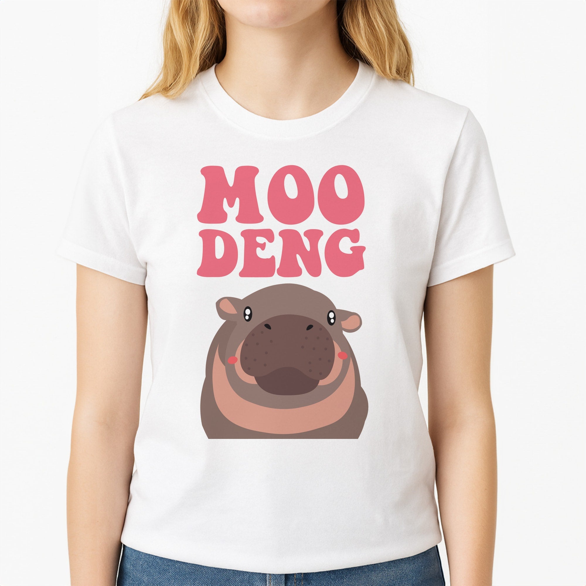 Moo Pink Unisex T-Shirt, worn by a female model