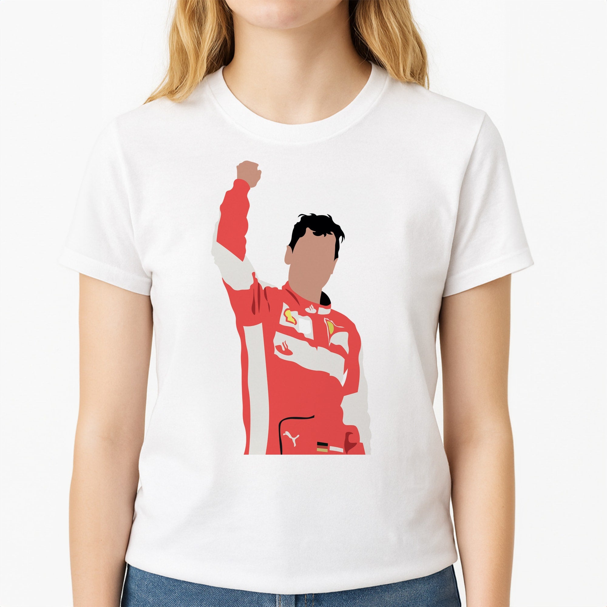 Vettel - F1 Unisex T-Shirt, worn by a female model