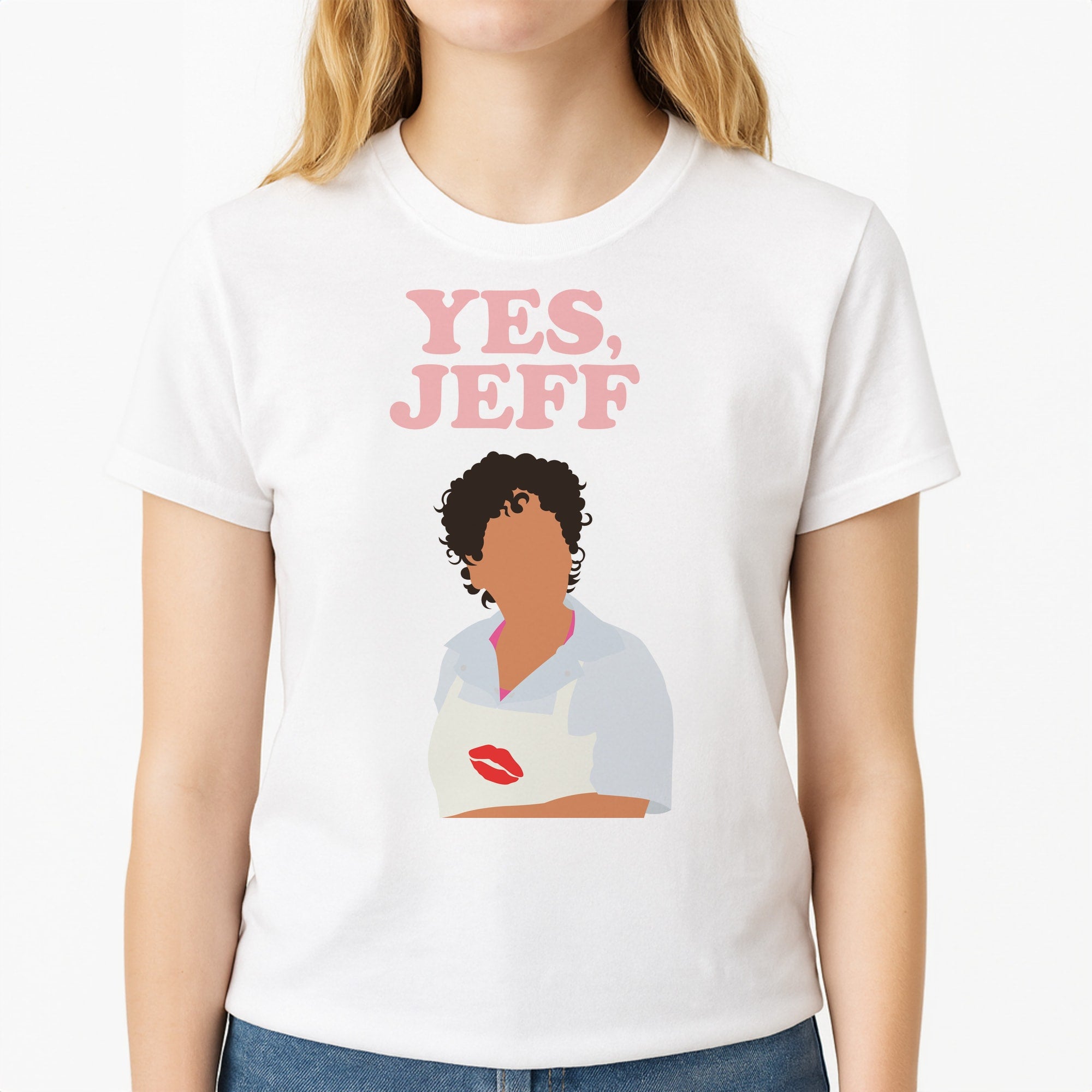 Yes Jeff Unisex T-Shirt, worn by a female model