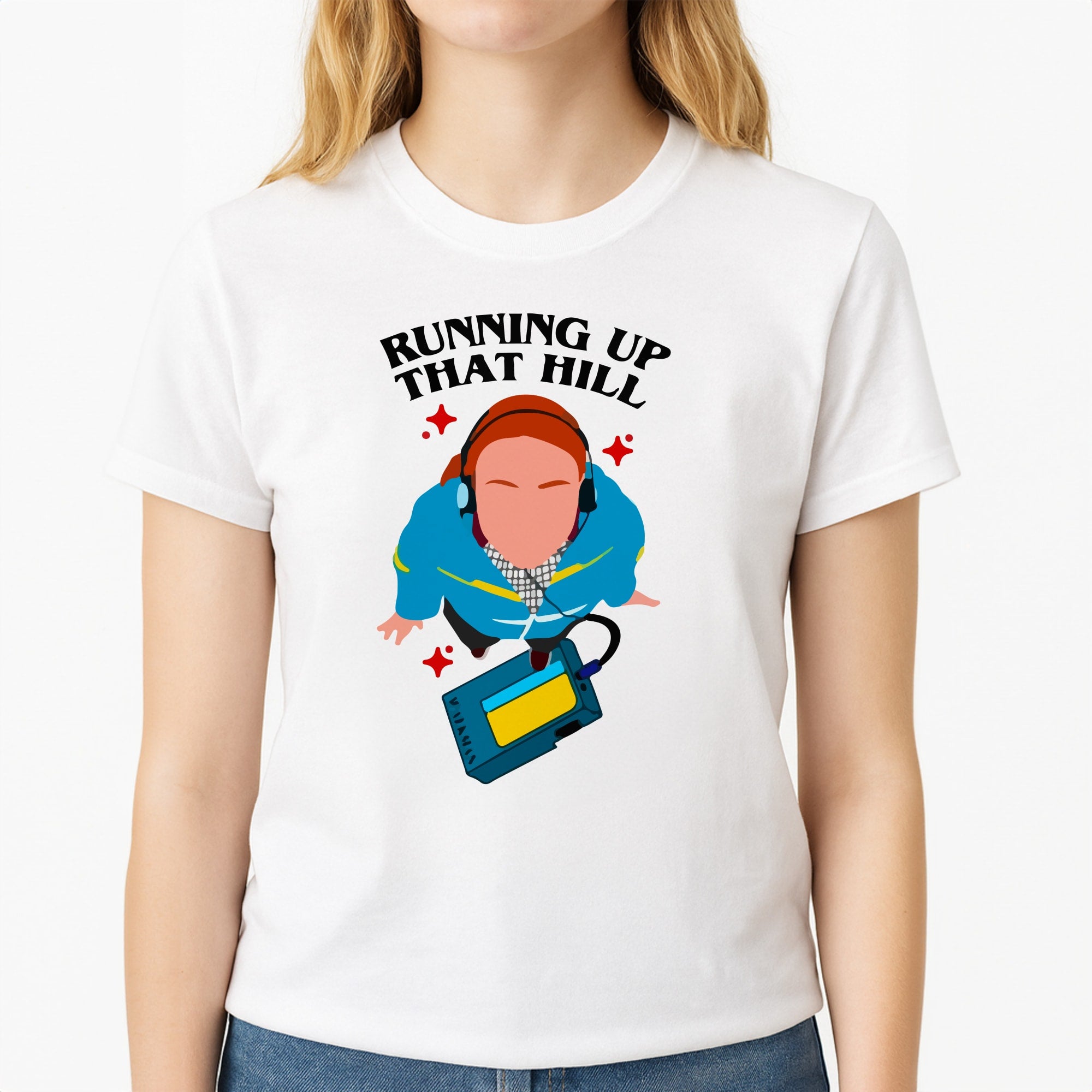 Running Up That Hill Unisex T-Shirt, worn by a female model