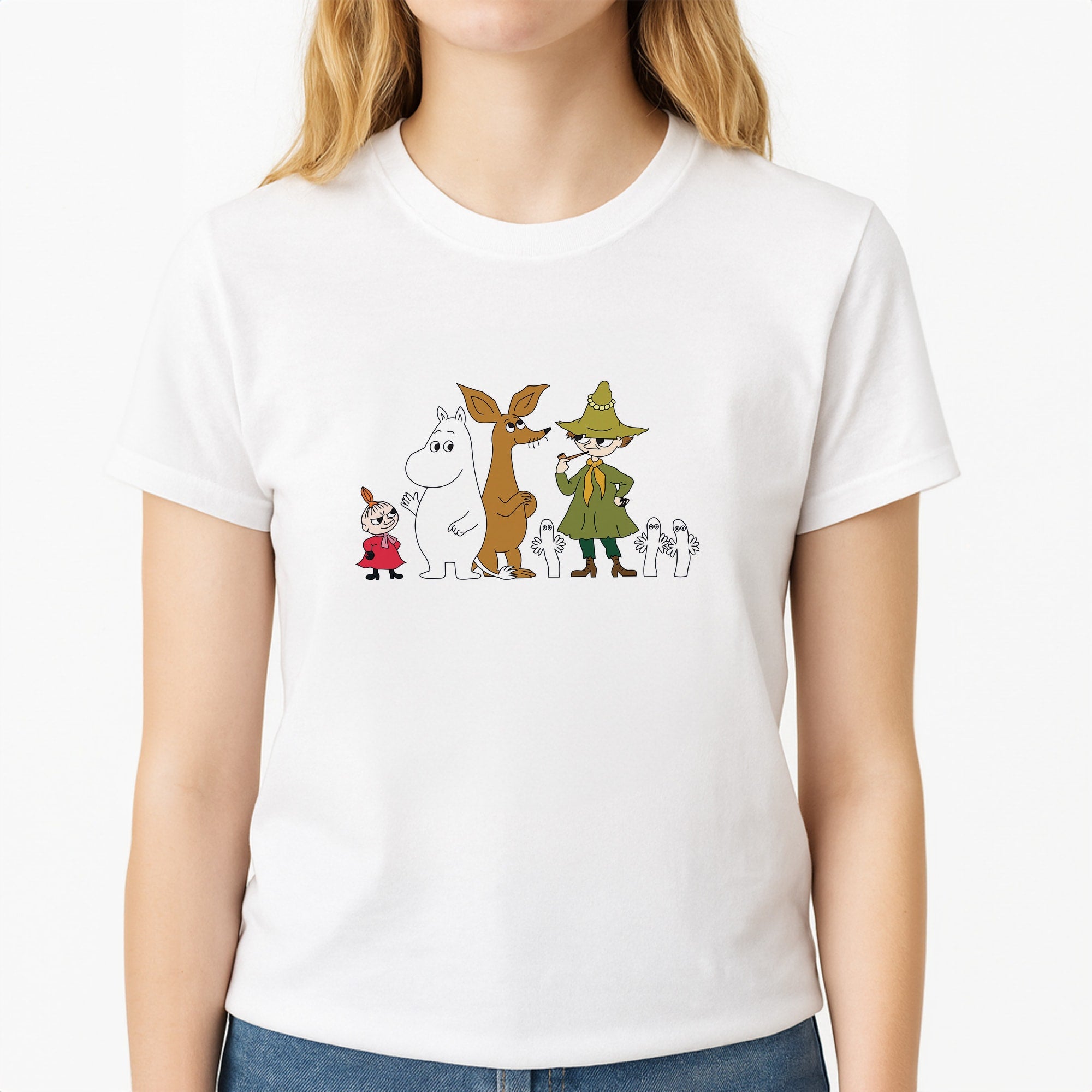 Moom Characters Unisex T-Shirt, worn by a female model