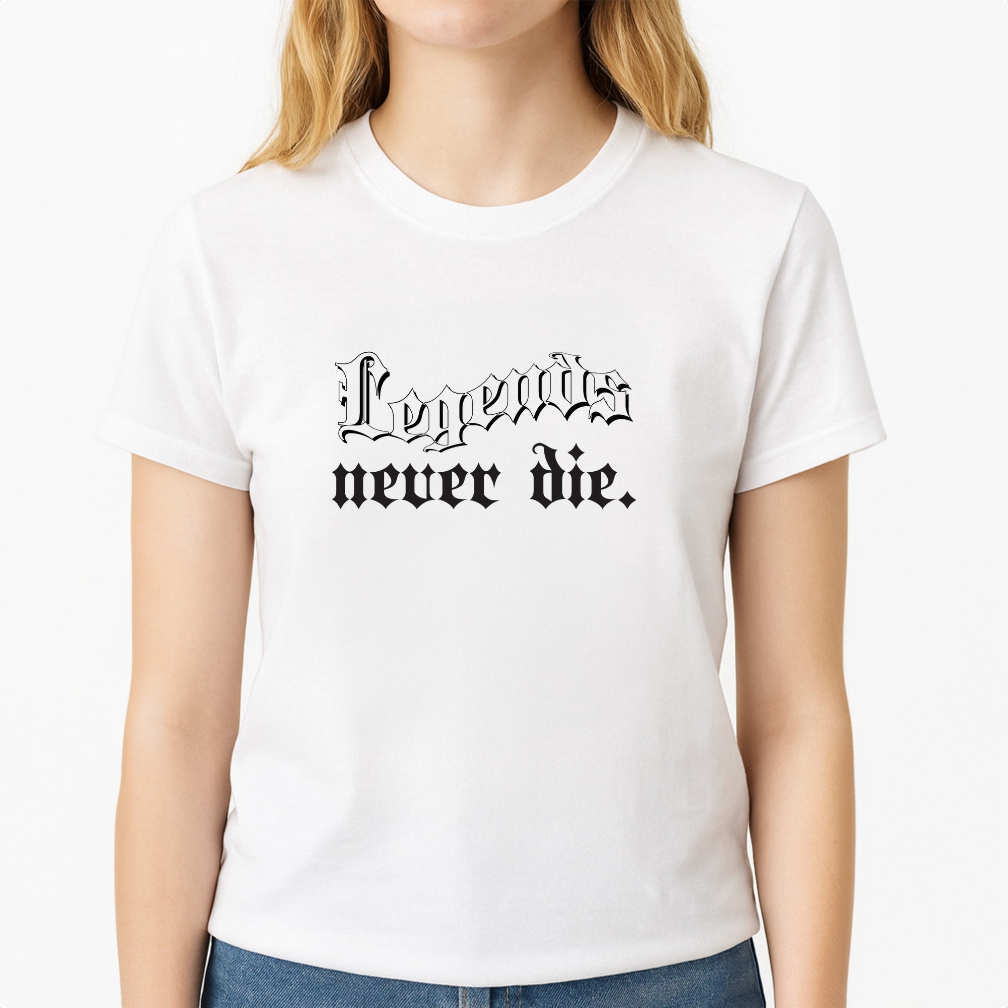 Legends Never Die - Juice Unisex T-Shirt, worn by a female model