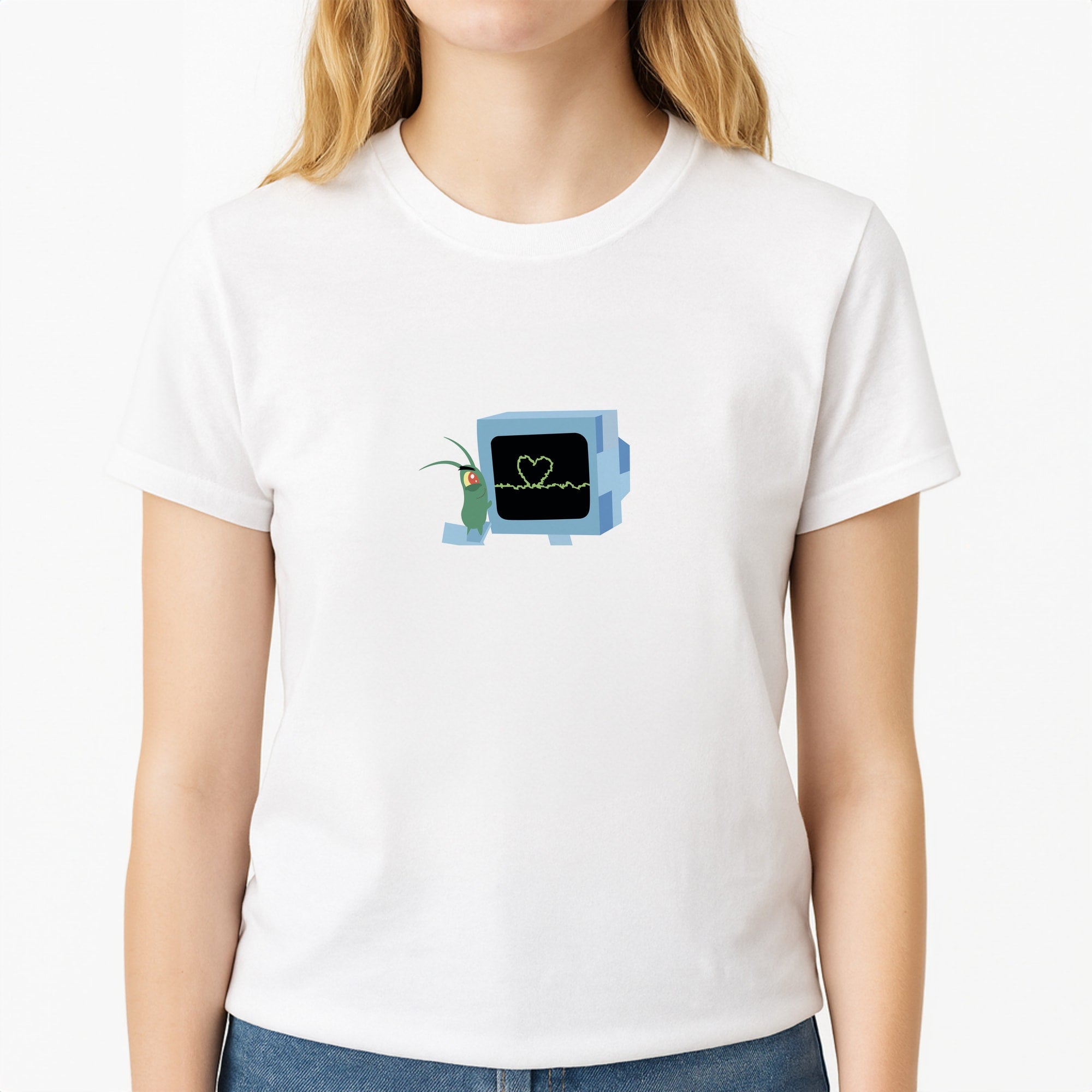 Plankton And Karen Unisex T-Shirt, worn by a female model