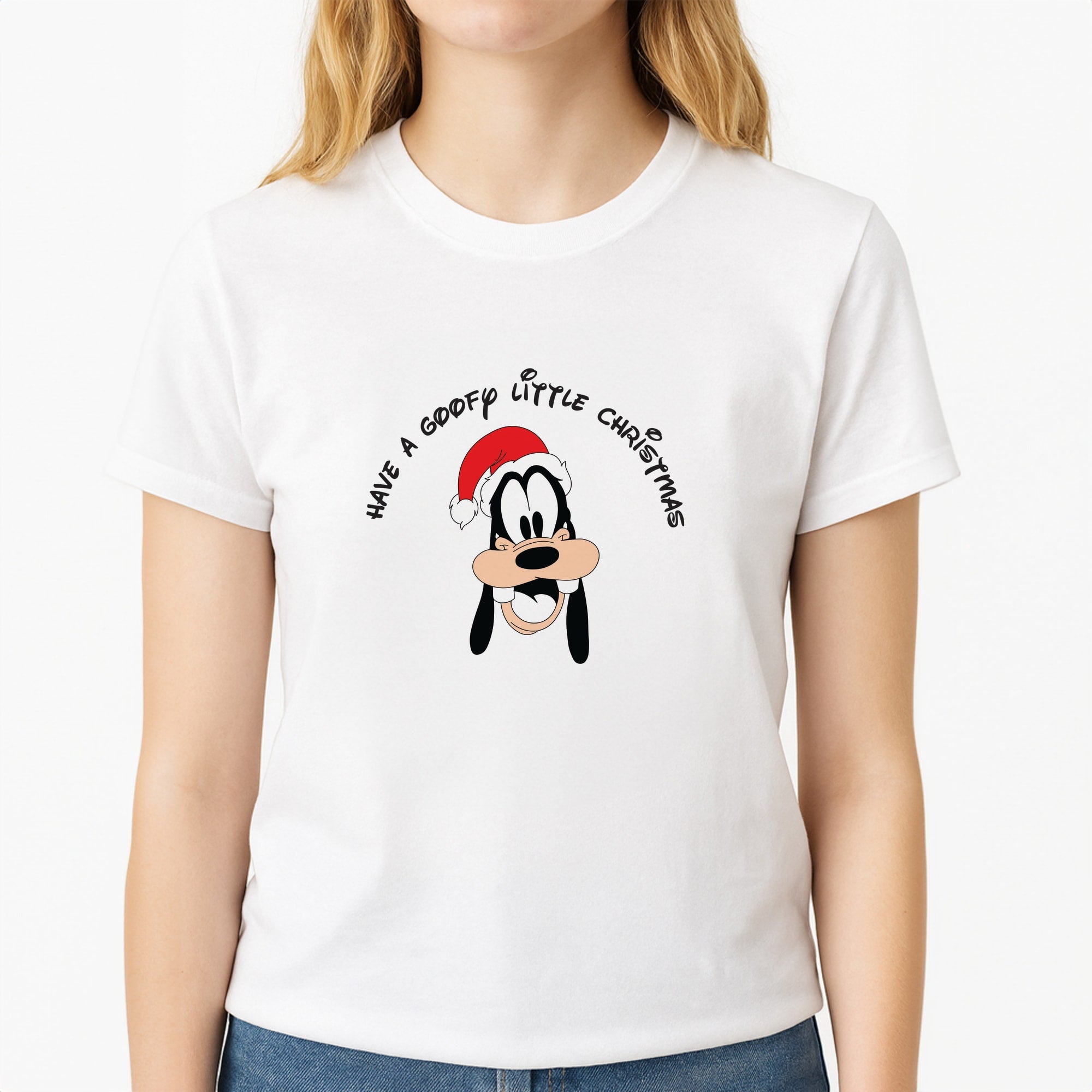 Have A Goofly Little Christmas Christmas Unisex T-Shirt, worn by a female model