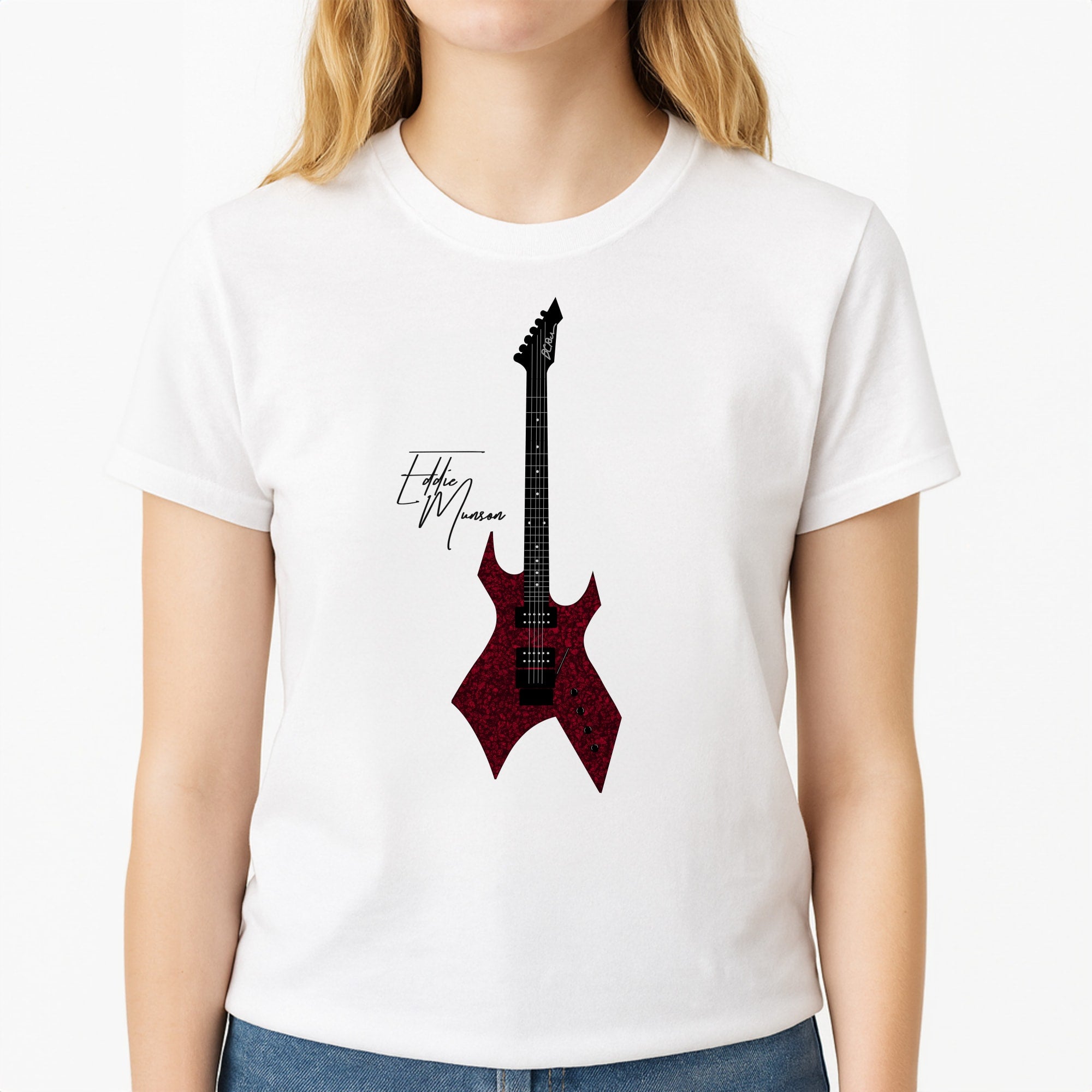 Eddie Munson Guitar Unisex T-Shirt, worn by a female model