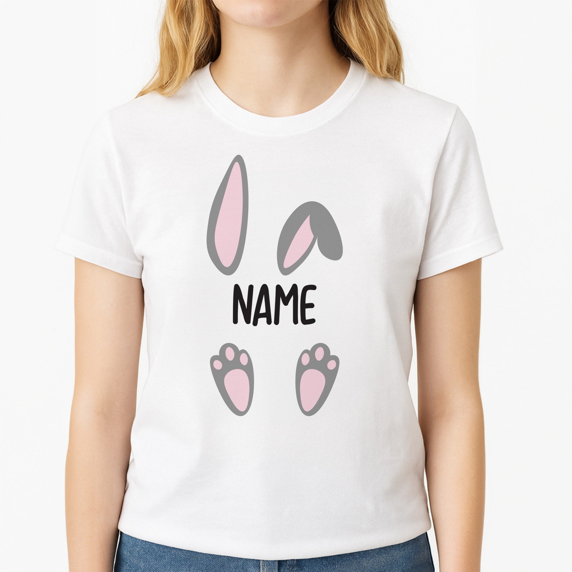 Grey Bunny Personalised Unisex T-Shirt, worn by a female model