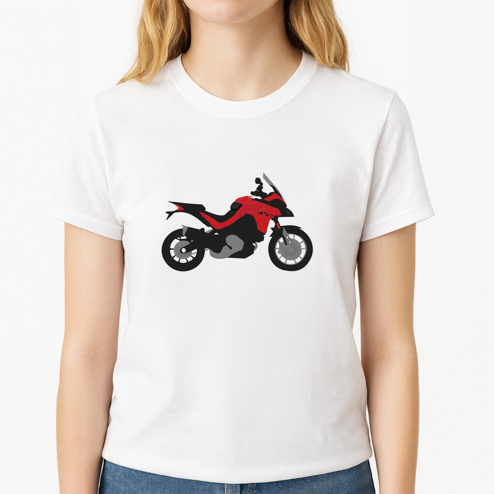 Red Motorbike - Motorbike Unisex T-Shirt, worn by a female model