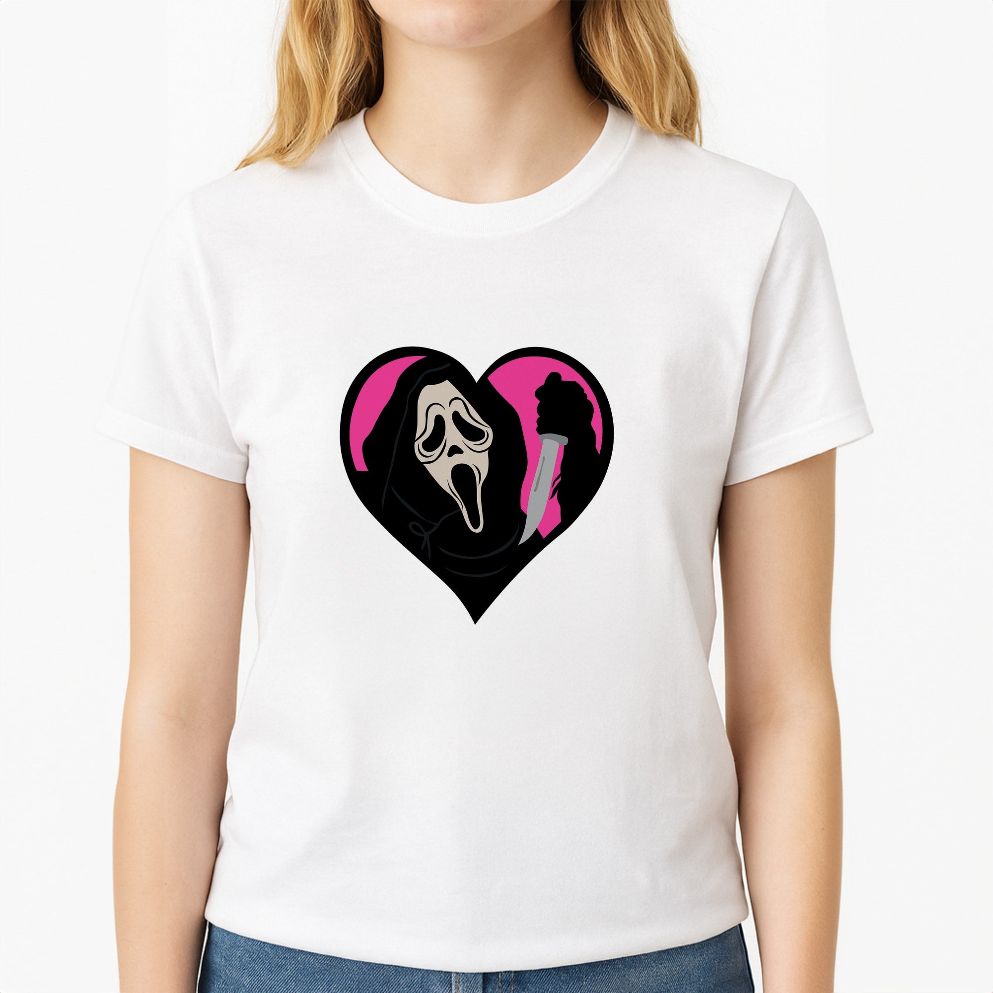 Heart face - Halloween Unisex T-Shirt, worn by a female model