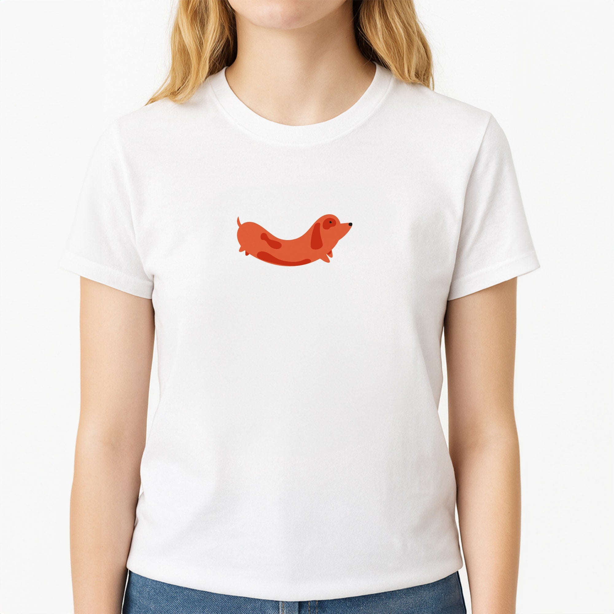 Little sausage - Dachshunds Unisex T-Shirt, worn by a female model