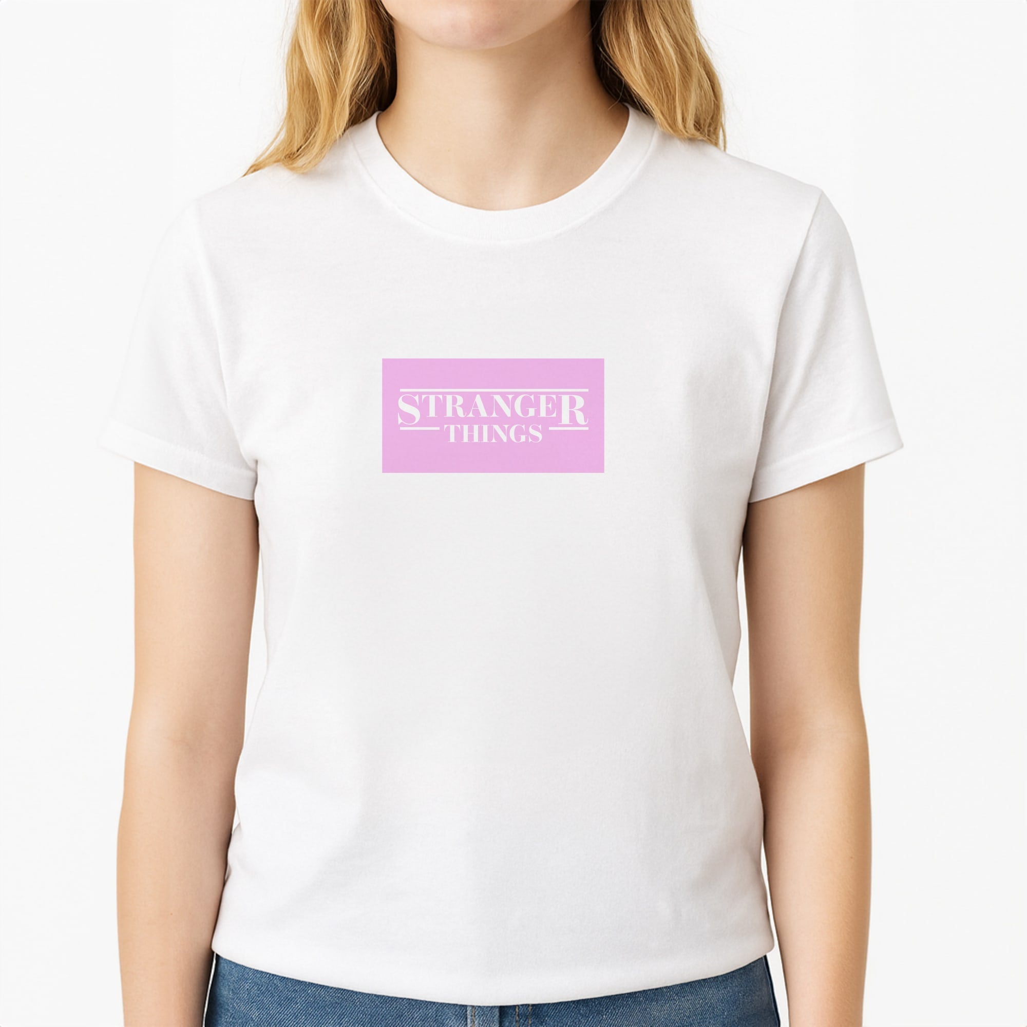 Pink Galaxy Stranger Unisex T-Shirt, worn by a female model
