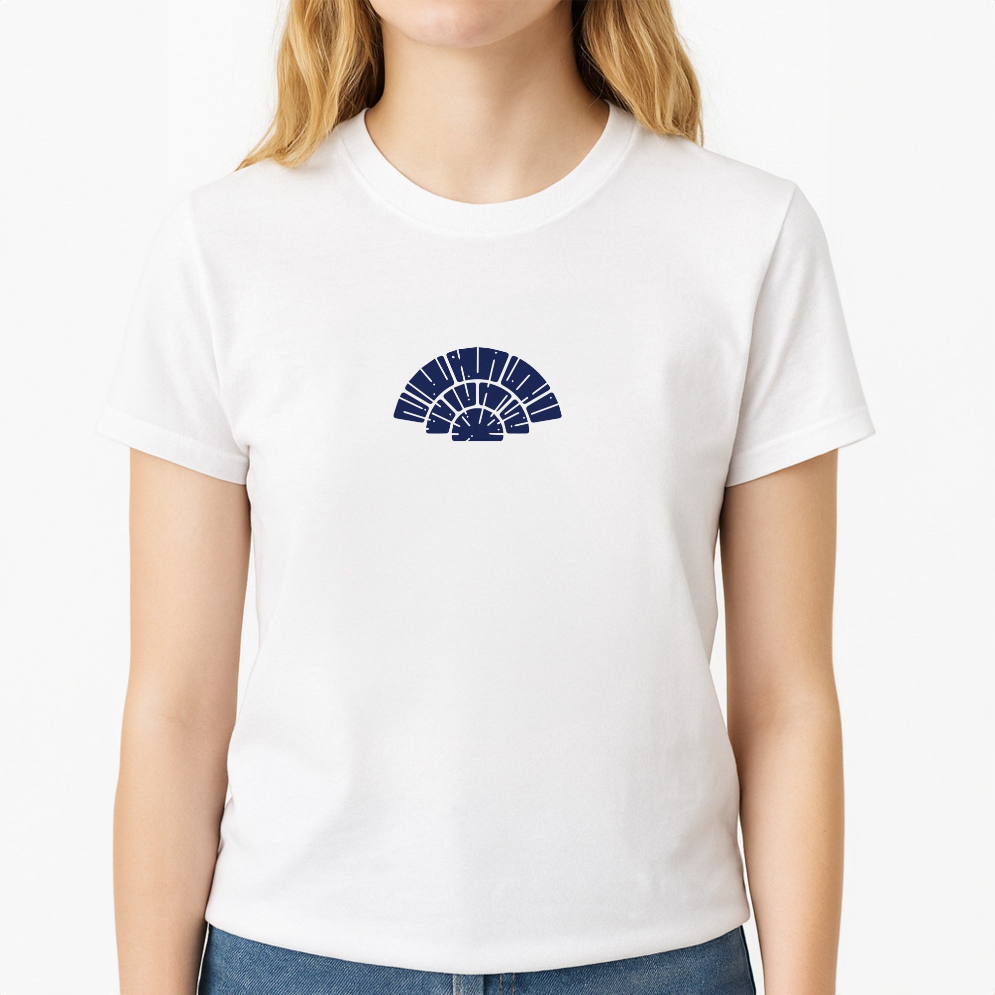 Blue Design Unisex T-Shirt, worn by a female model