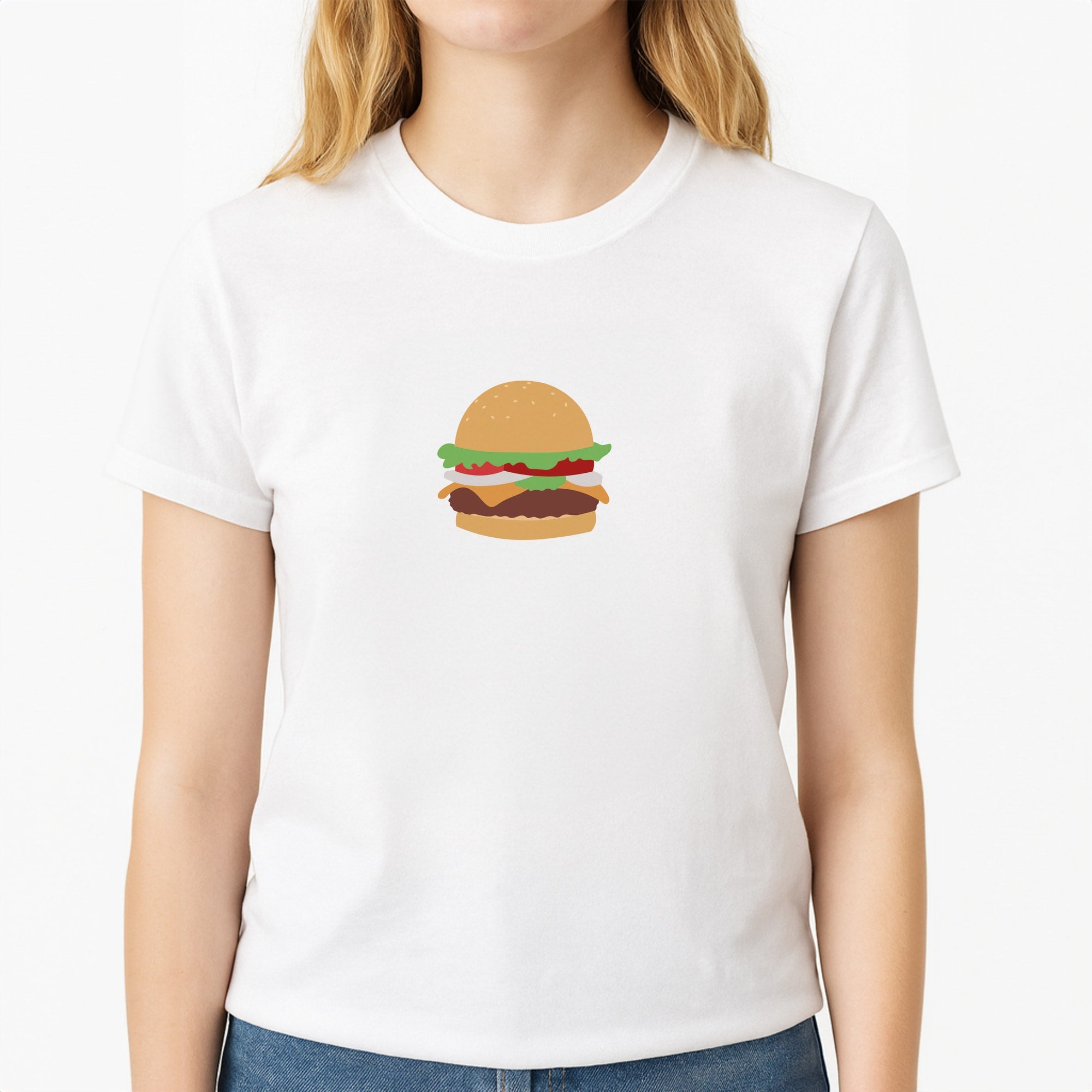 Krabby Patty Unisex T-Shirt, worn by a female model