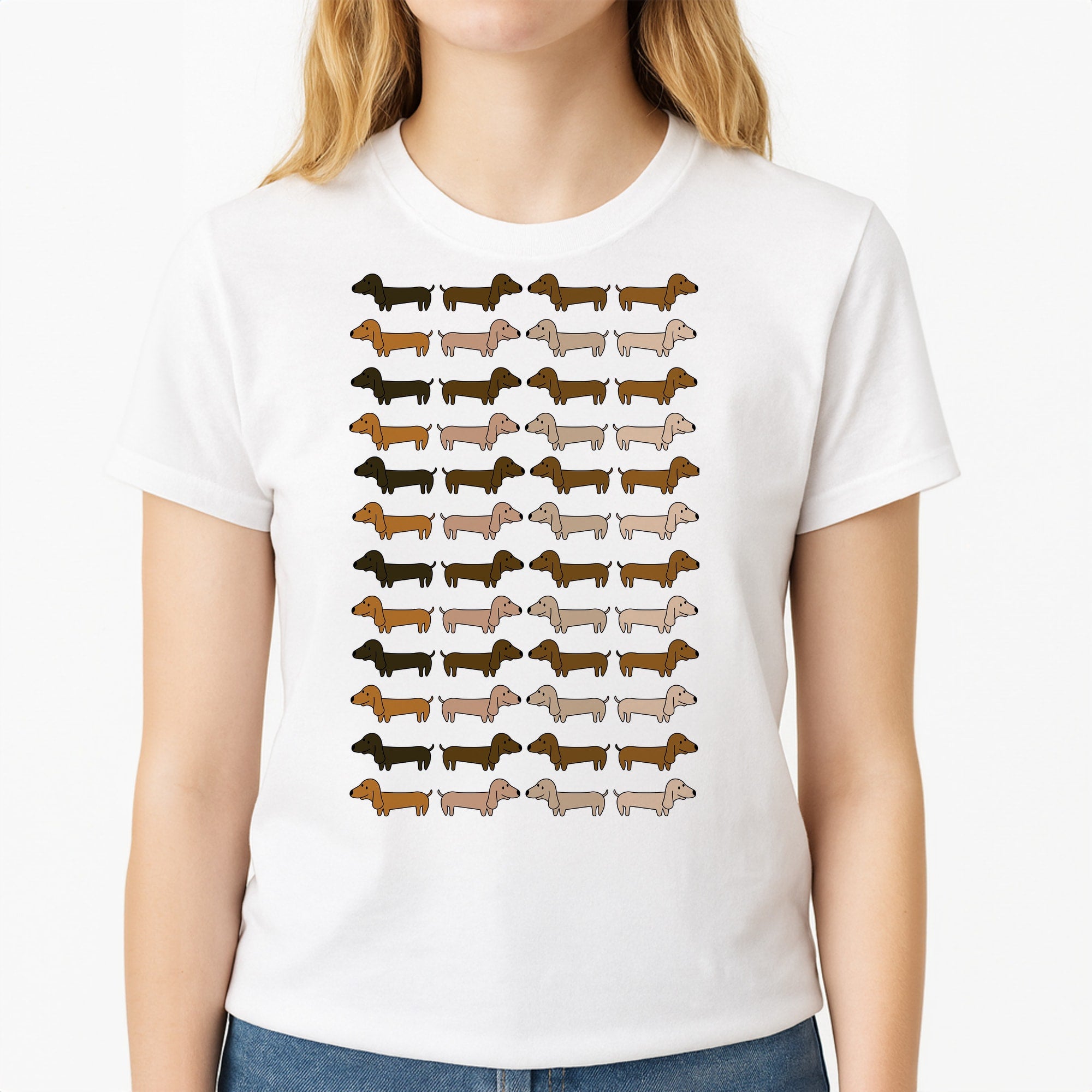 Collage - Dachshunds Unisex T-Shirt, worn by a female model