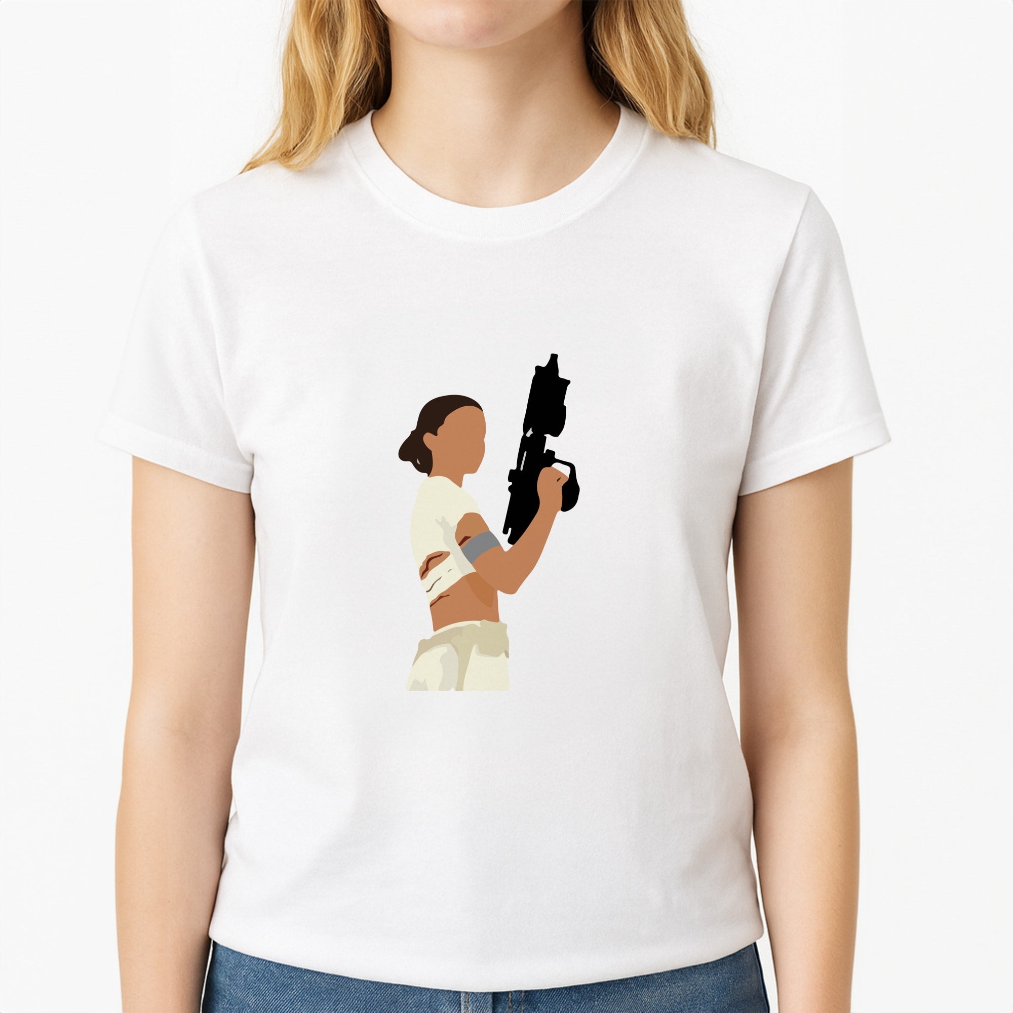 Leia With Gun Unisex T-Shirt, worn by a female model